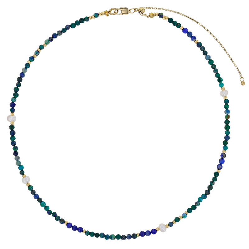 Collier acier doré, perles de verre Miyuki et perles d'eau douce, lapis-lazuli, lapis phoenix