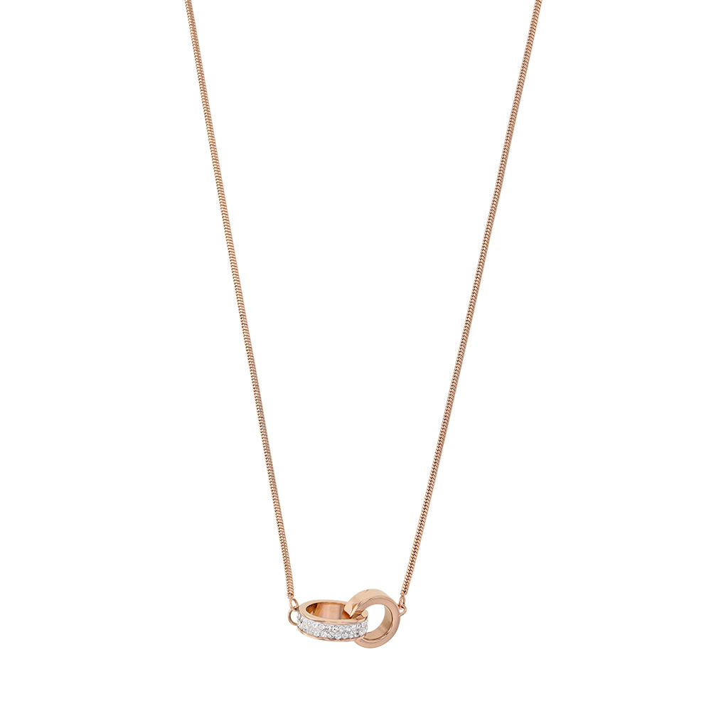 Collier acier doré rose avec 2 cerces entrelacés dont 1 orné de cristaux