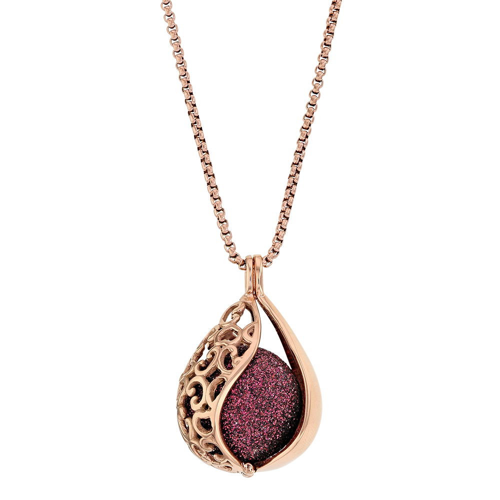 Collier acier doré rose forme goutte ajourée avec une boule pailletée prune