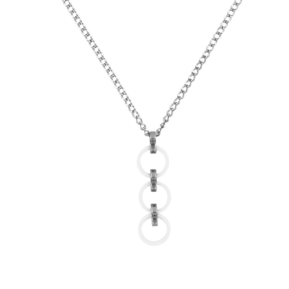 Collier acier orné de 3 petits ronds en céramique blanche