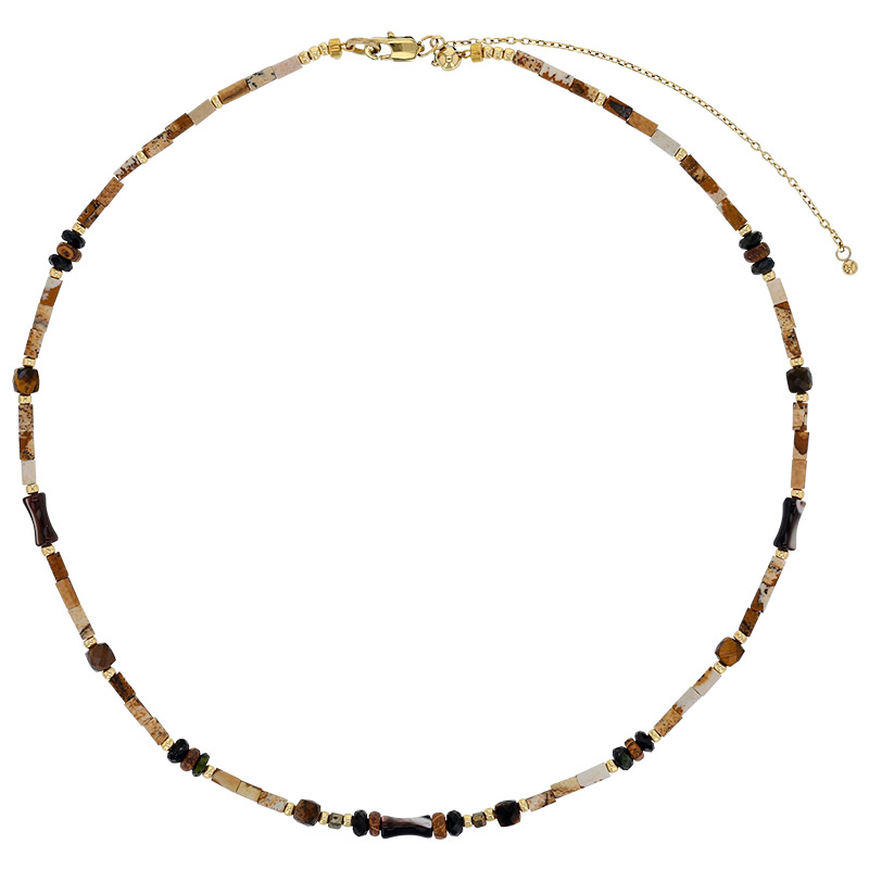 Collier acier, perles de verre Miyuki, jaspe paysage, Oeil de tigre, obsidienne noire, hématite