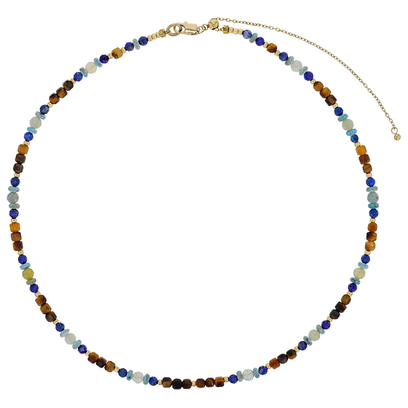 Collier acier, perles de verre Miyuki, Oeil de tigre, lapis-lazuli, turquoise reconstituée, opale