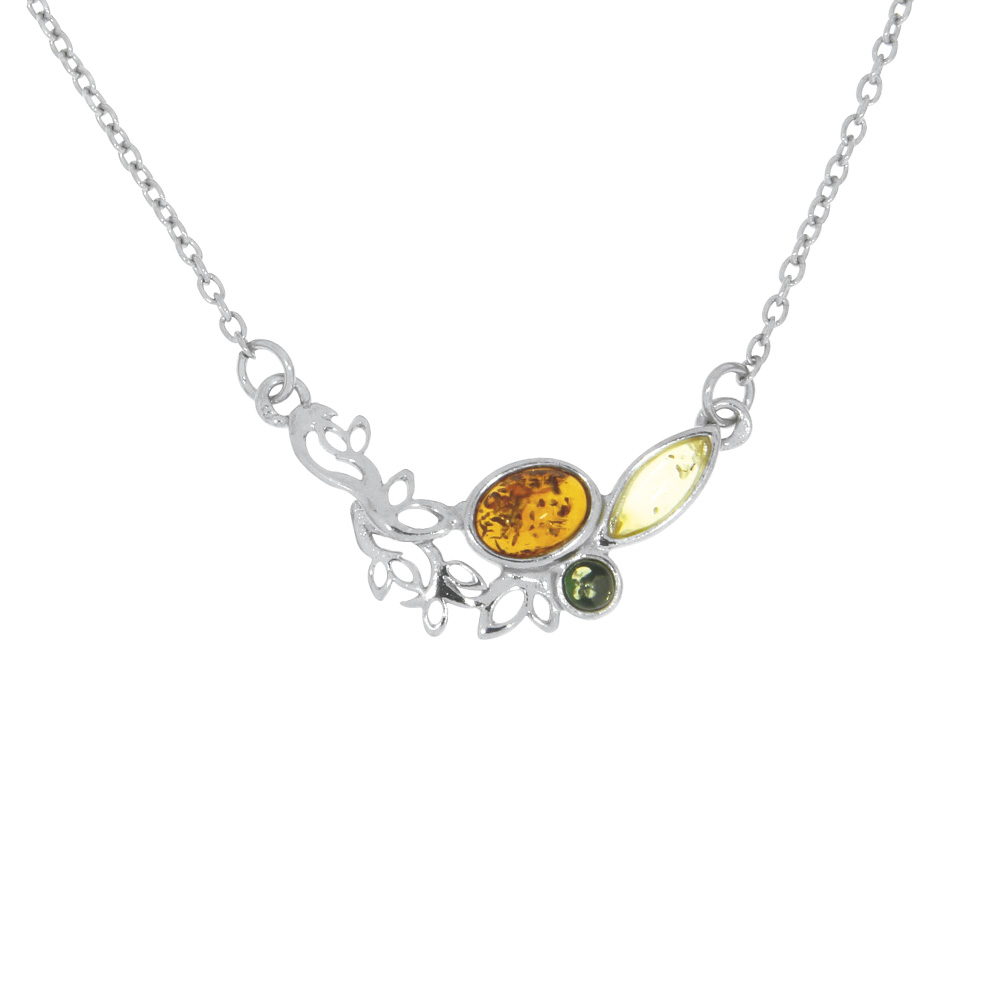 Collier ambre avec pierres de couleur citrine, cognac et verte, argent 925/1000 rhodié