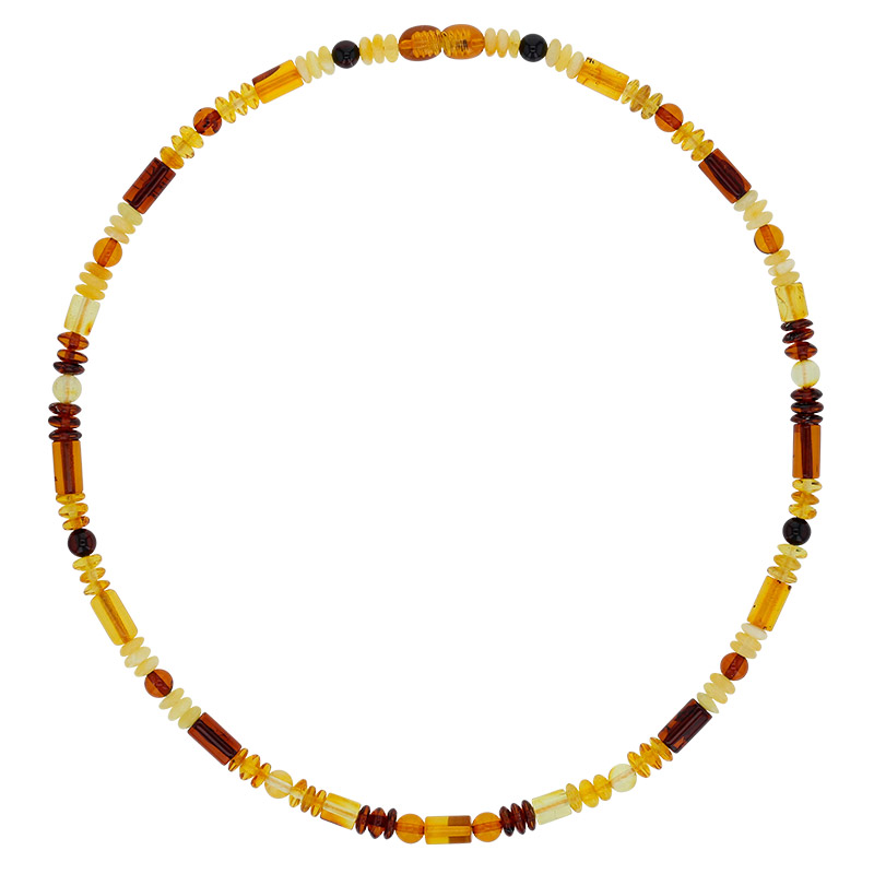 Collier ambre cognac, miel, vert et cerise, fermoir à vis