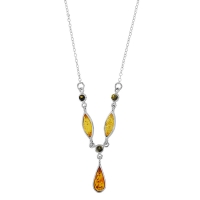 Collier ambre en forme de goutte multicolore : cognac, miel, vert et argent 925/1000 rhodié