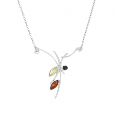 Collier Ambre et argent 925/1000 rhodié avec pierres de couleur cognac, citrine et verte