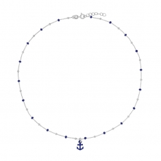 Collier ancre, boules émaillées bleu marine, argent 925/1000 rhodié