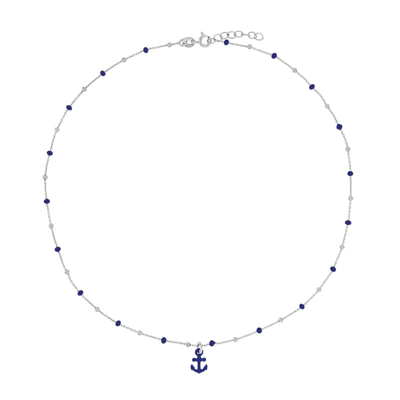 Collier ancre, boules émaillées bleu marine, argent 925/1000 rhodié