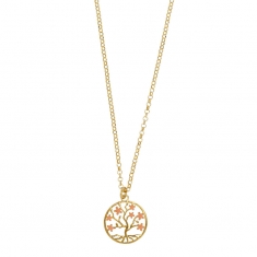 Collier arbre de vie avec fleurs émail rose, argent 925/1000 doré