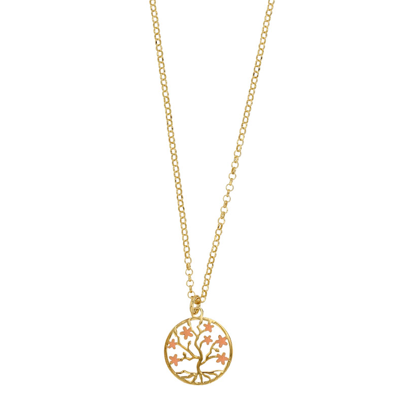 Collier arbre de vie avec fleurs émail rose, argent 925/1000 doré