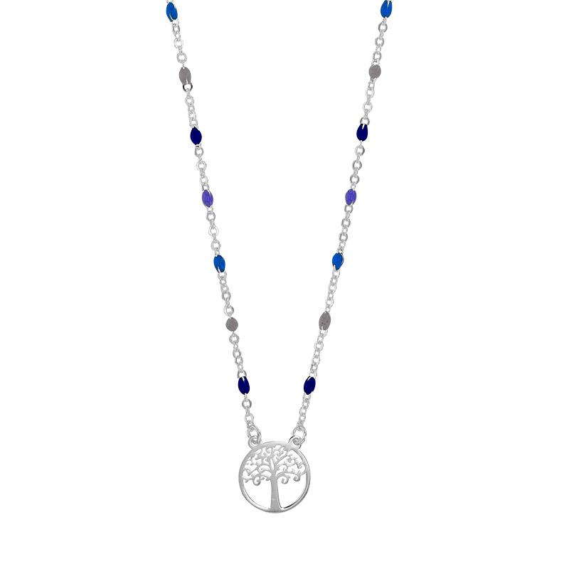 Collier Arbre de vie, chaîne boules émail de couleurs, argent 925/1000