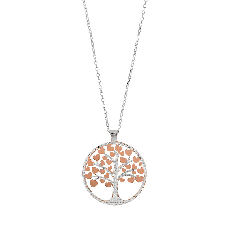 Collier Arbre de vie en Argent rhodié 925/1000 et coeurs en Argent 925/1000 doré rose