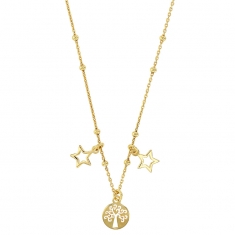 Collier arbre de vie et 2 étoiles ajourées, argent 925/1000 doré