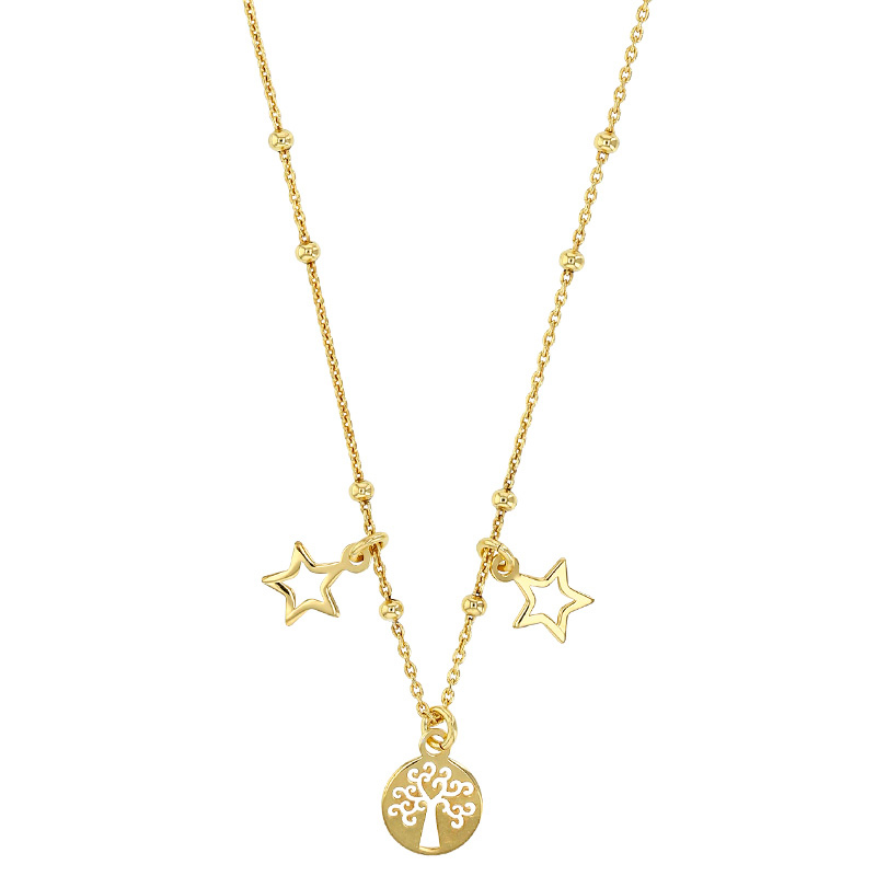 Collier arbre de vie et 2 étoiles ajourées en pampilles, argent 925/1000 rhodié