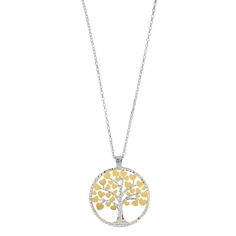 Collier Arbre de vie orné de coeurs dorés, aspect diamanté, argent 925/1000 platiné et doré