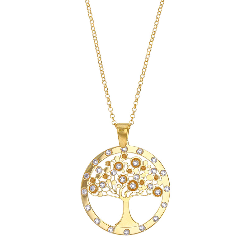 Collier arbre de vie serti d'oxydes, argent 925/1000 doré