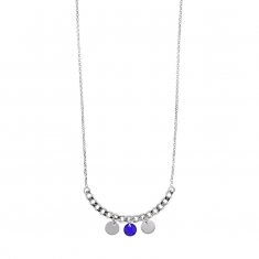 Collier argent 925/1000 doré avec motifs en disques argentés et disque facetté bleu