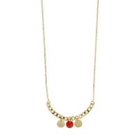 Collier argent 925/1000 doré avec motifs en disques dorés et disque facetté rouge