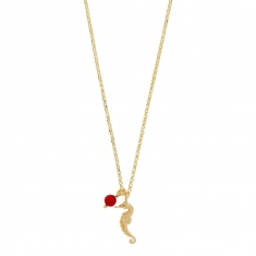 Collier argent 925/1000 doré orné d'un hippocampe et d'une pierre synthétique couleur corail