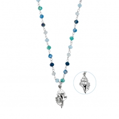 Collier argent 925/1000 rhodié et cristaux de couleur orné d'un coquillage