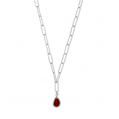 Collier argent 925/1000 rhodié orné d'une pierre synthétique rouge en forme de goutte