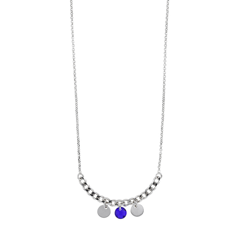 Collier argent 925/1000 doré avec motifs en disques argentés et disque facetté bleu