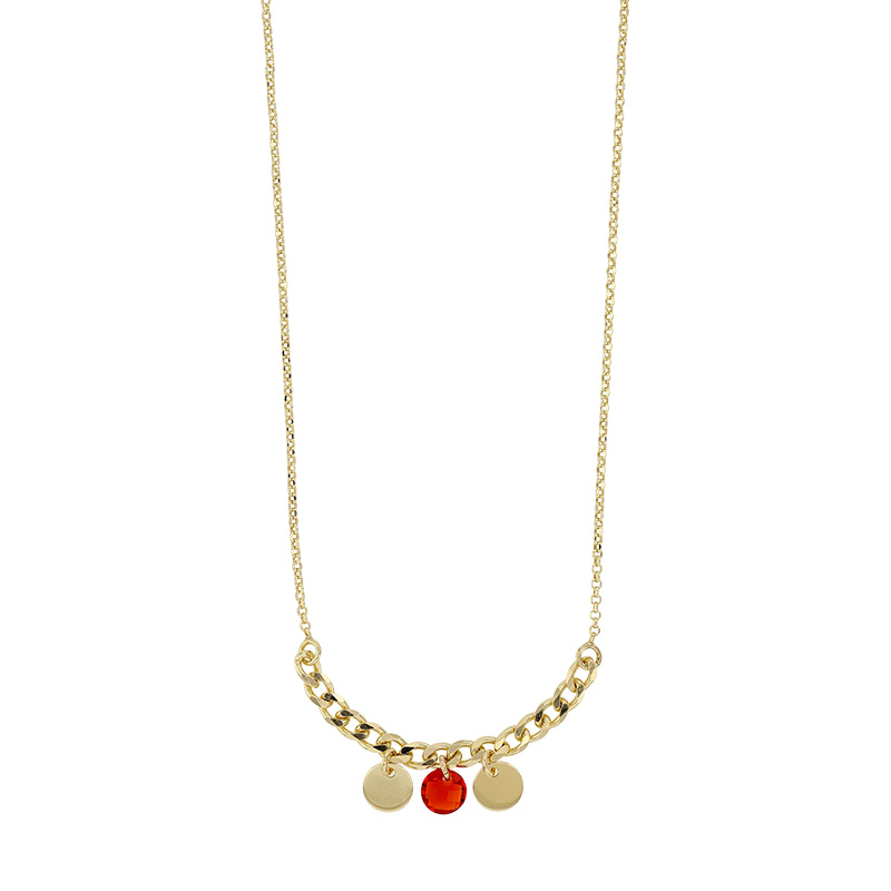 Collier argent 925/1000 doré avec motifs en disques dorés et disque facetté rouge