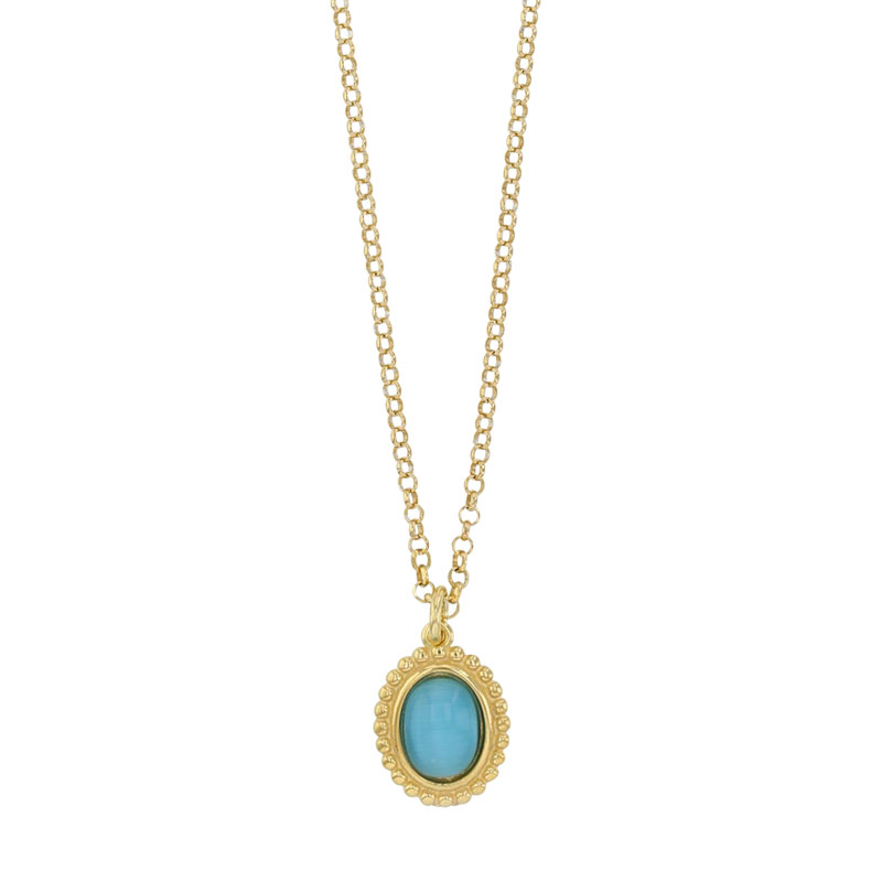 Collier argent 925/1000 doré et Oeil de chat bleu perlé