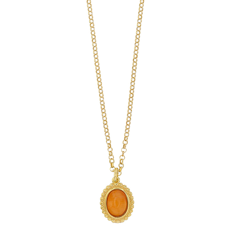 Collier argent 925/1000 doré et Oeil de chat orange perlé