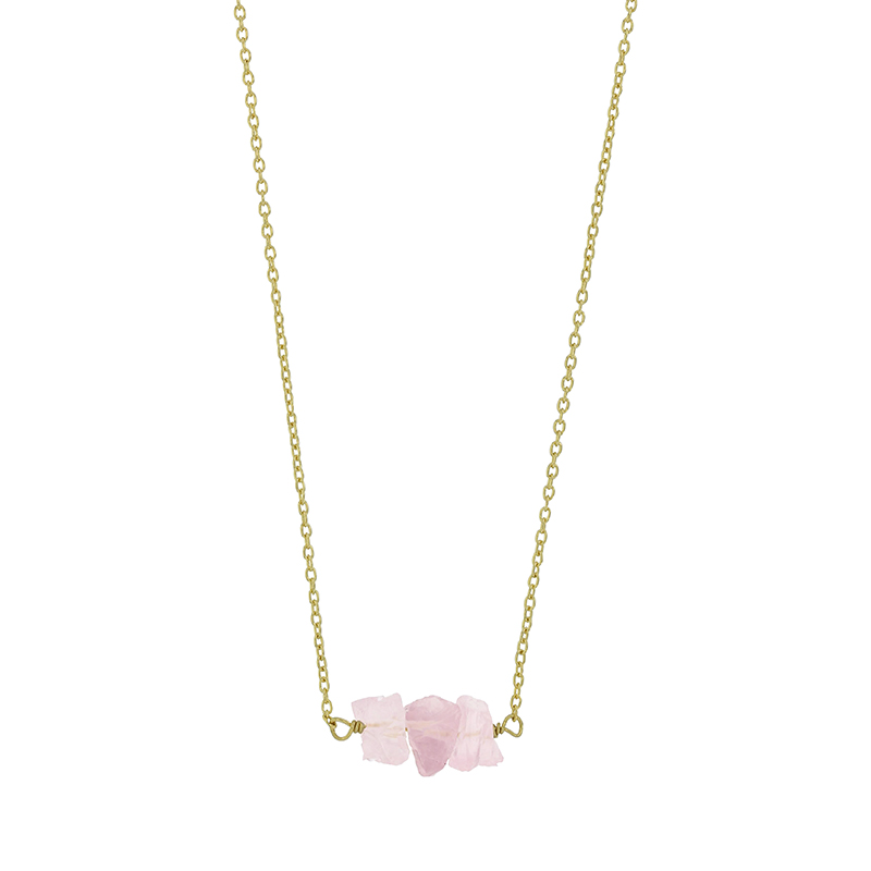 Collier argent 925/1000 doré 2 microns avec 3 pierres brutes en Quartz rose