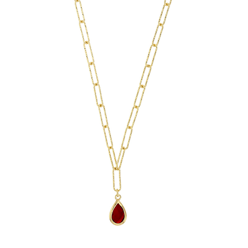 Collier argent 925/1000 doré orné d'une pierre synthétique rouge en forme de goutte