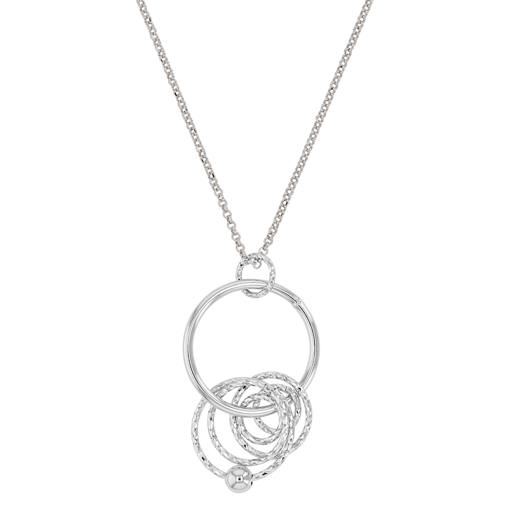 Collier argent rhodié 925/1000 avec cercle lisse et cercles diamantés avec 1 boule