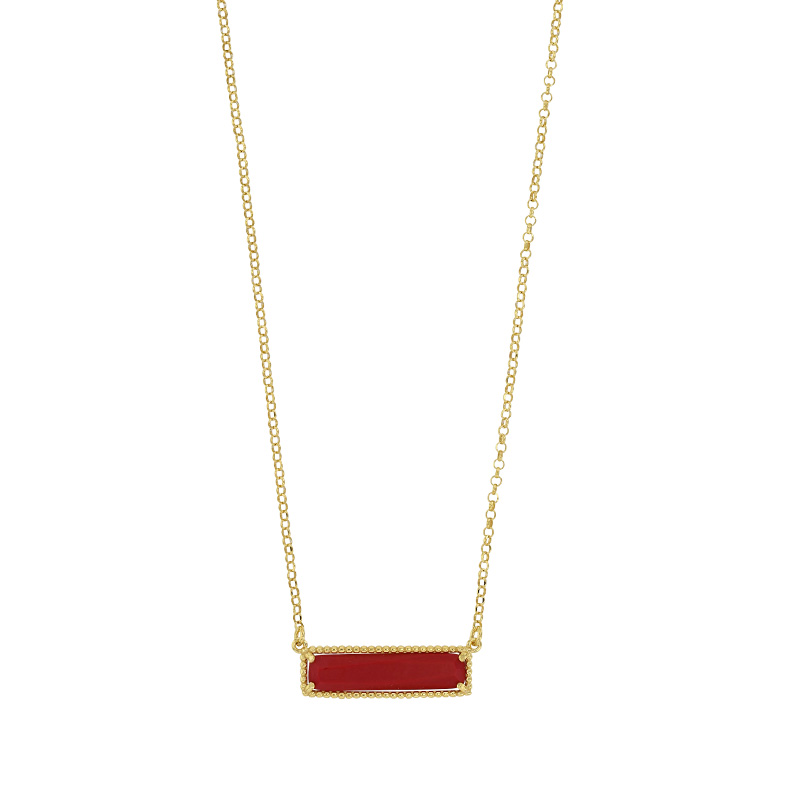 Collier argent 925/1000 rhodié avec rectangle en pierre synthétique imitation corail