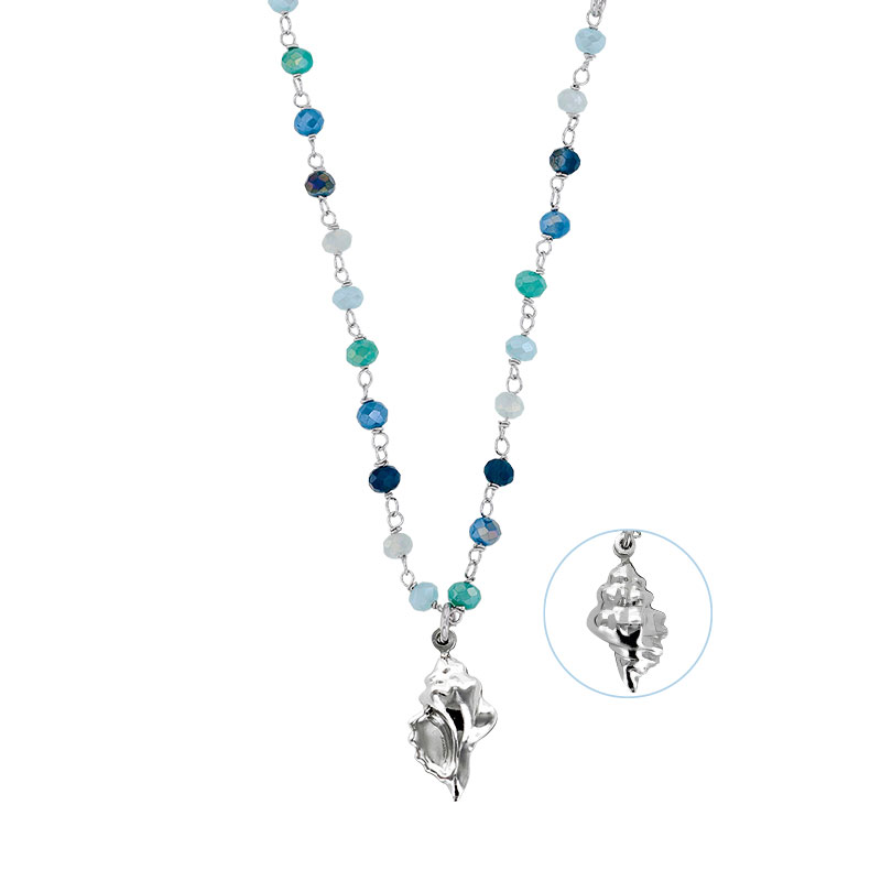 Collier argent 925/1000 rhodié et cristaux de couleur orné d'un coquillage