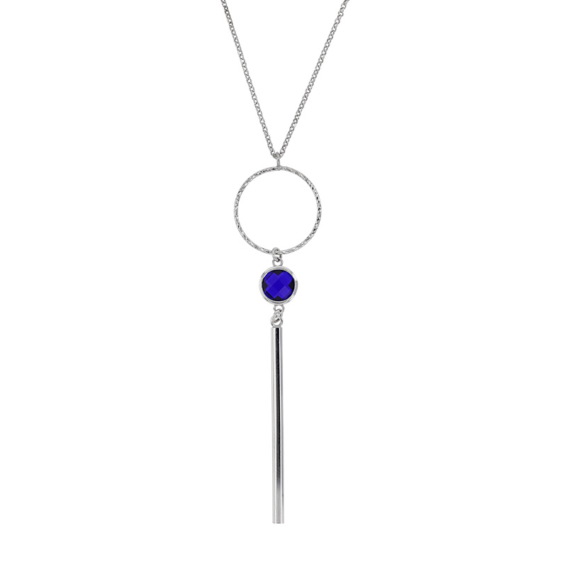 Collier argent 925/1000 rhodié orné d'une pierre synthétique bleu marine ajouré de forme ronde