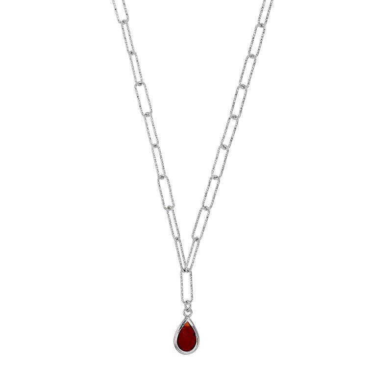 Collier argent 925/1000 rhodié orné d'une pierre synthétique rouge en forme de goutte