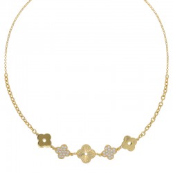 Collier avec 5 fleurs lisses et ciselées, dont 2 ornées d’oxydes, en argent 925/1000 doré
