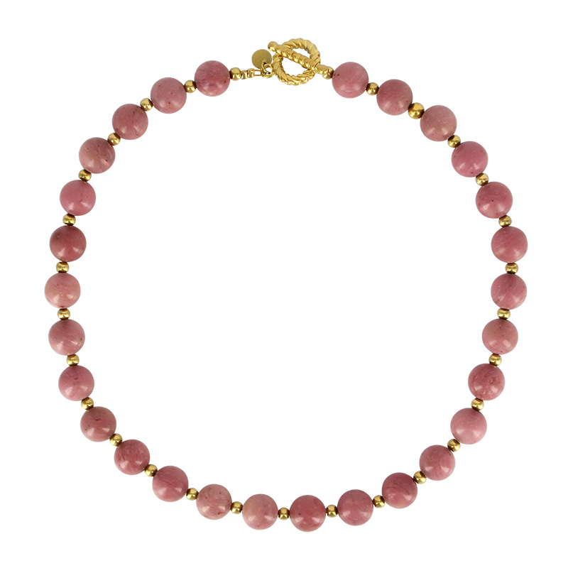 Collier avec boules en rhodonite et perles en acier doré 4mm