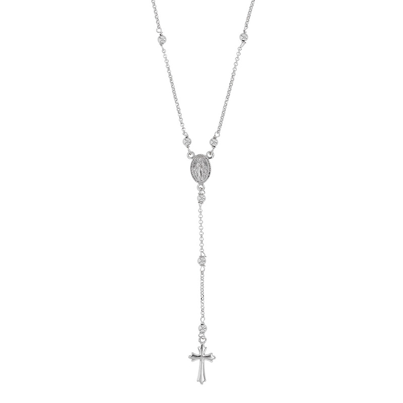 Collier avec boules lisses - croix - et médaille miraculeuse en Argent 925/1000 platiné