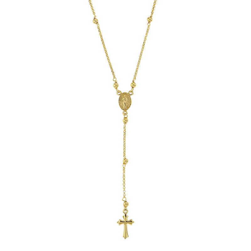 Collier avec boules lisses - croix - et médaille miraculeuse en Argent 925/1000 platiné