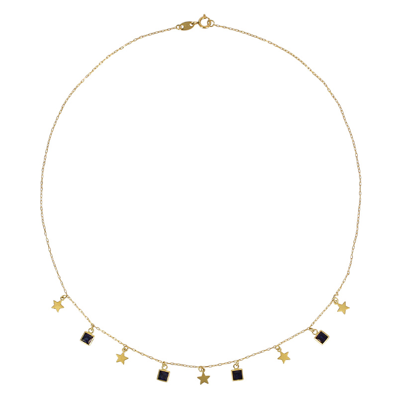 Collier avec étoiles et oxydes bleu saphir de forme carrée, Or 750/1000
