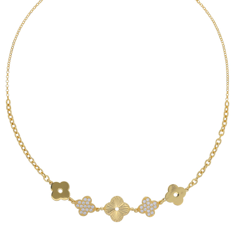 Collier avec 5 fleurs lisses et 2 fleurs ornées d'oxydes, argent 925/1000 doré