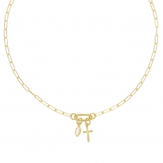 Collier avec pampille croix et goutte en cristal bleu, en argent 925/1000 rhodié