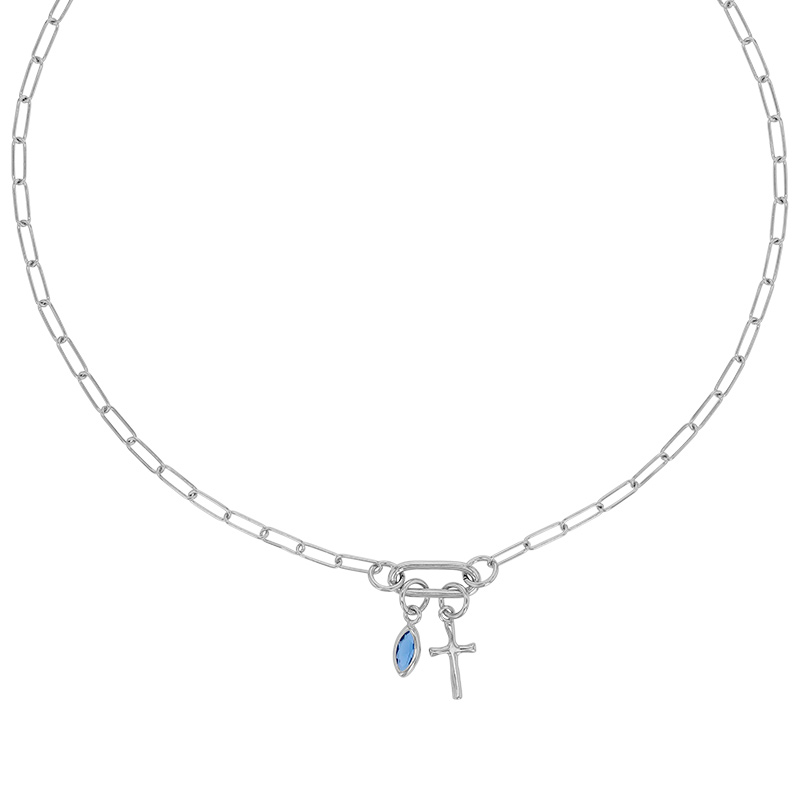 Collier avec pampille croix et goutte en cristal bleu, en argent 925/1000 rhodié