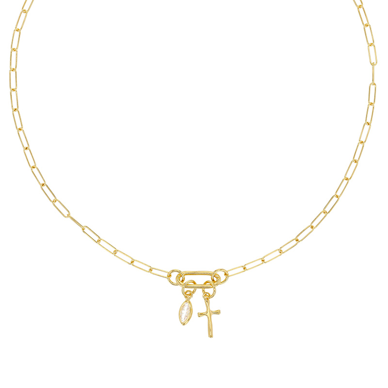 Collier avec pampille croix et goutte en cristal bleu, en argent 925/1000 rhodié