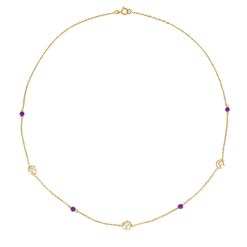 Collier avec perles de culture d'eau douce entourées et boules d’améthyste, Or 375/1000