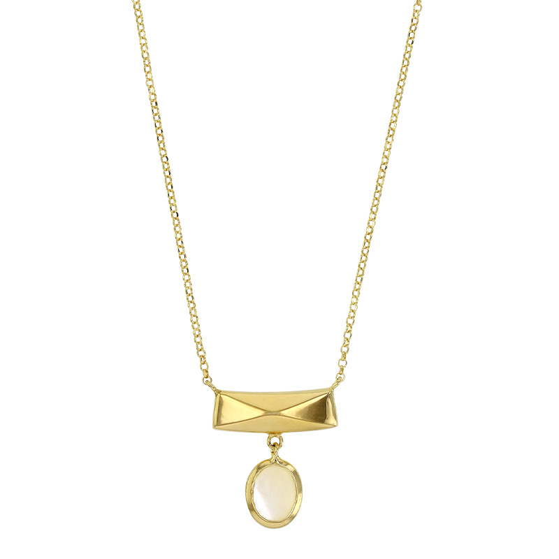 Collier avec rectangle bombé et pampille ovale en nacre, argent 925/1000 doré