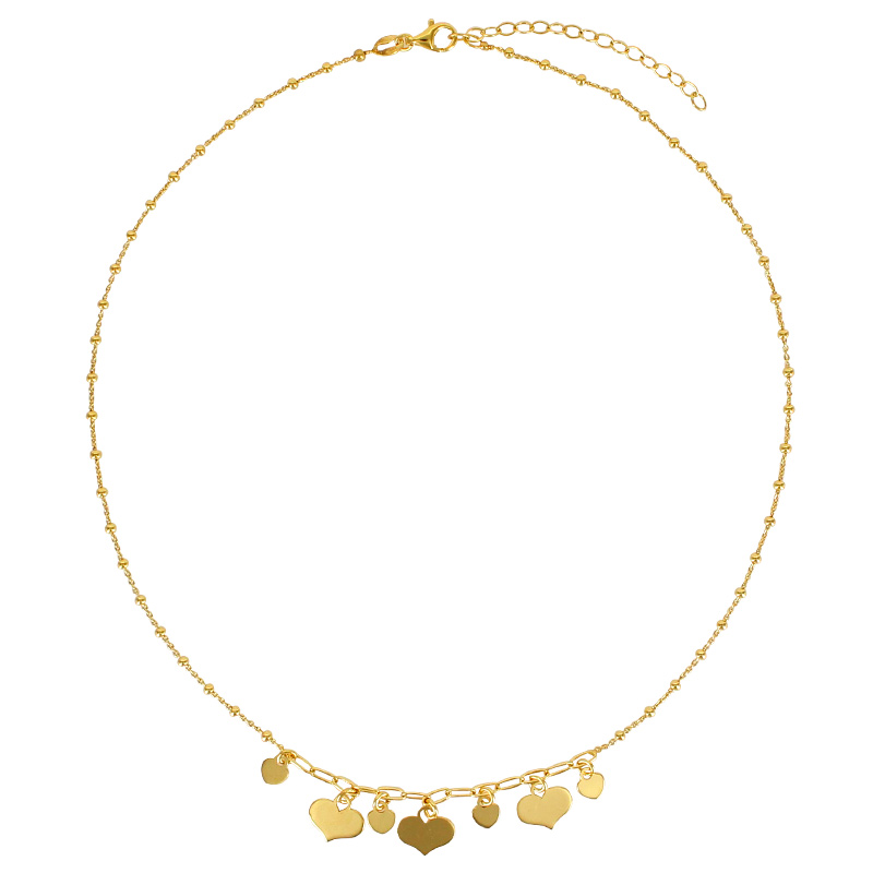 Collier avec une chaîne de boules, pampilles et des coeurs en argent 925/1000 doré