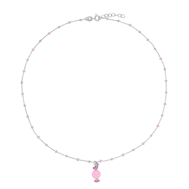 Collier bonbon, boules émaillées rose clair, argent 925/1000 rhodié