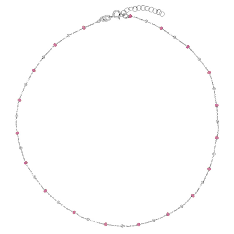 Collier boules émaillées rose fuchsia, argent 925/1000 rhodié